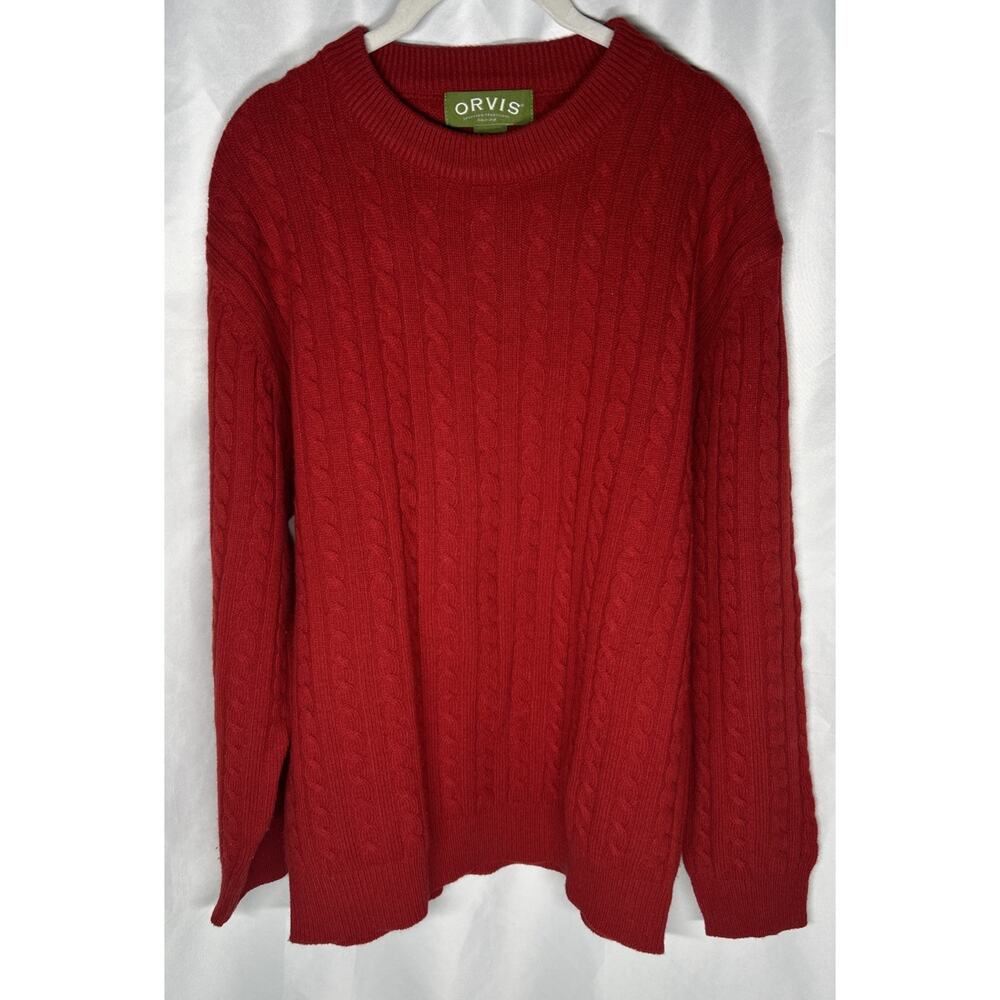 Orvis Men’s Medium Red Cable Knit Sweater Wool Cashmere Blend